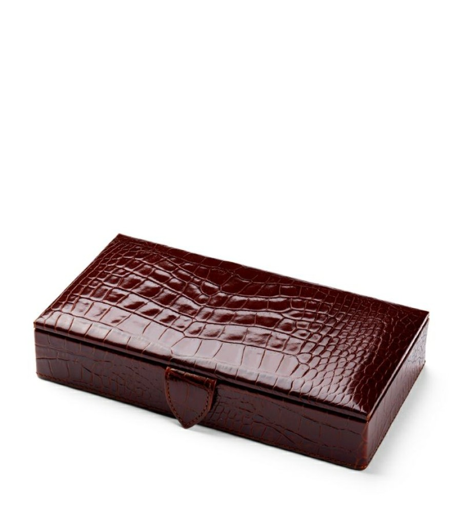 Jewellery Boxes * | Crazy Deals Aspinal Of London Croc-Embossed Leather Cufflink Box