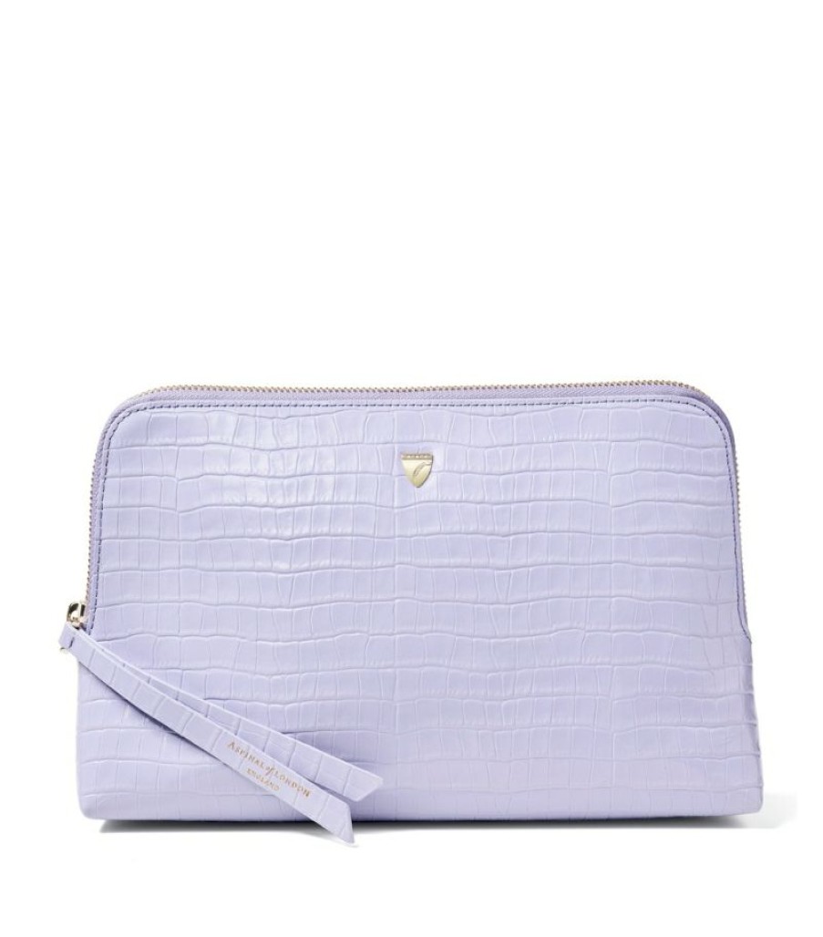 Make-Up Bags * | Closeout Sale Aspinal Of London Medium Croc-Embossed Leather Essential Cosmetic Case