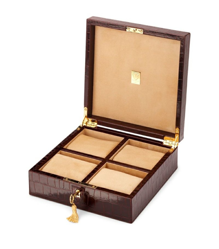 Jewellery Boxes * | Hot Sell Aspinal Of London Croc-Embossed Leather Watch Roll